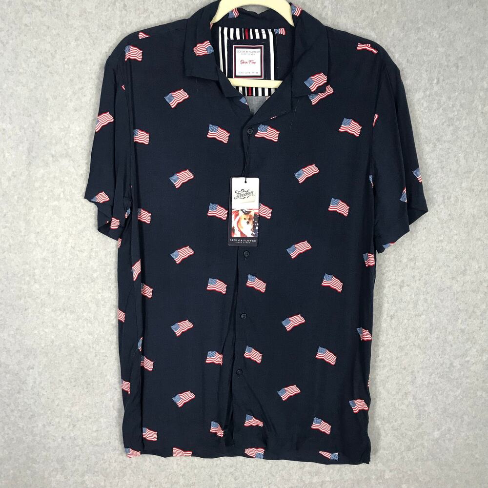 Denim Flower Shirt Men Small Blue Button Flag USA 4th July America Patriotic‎